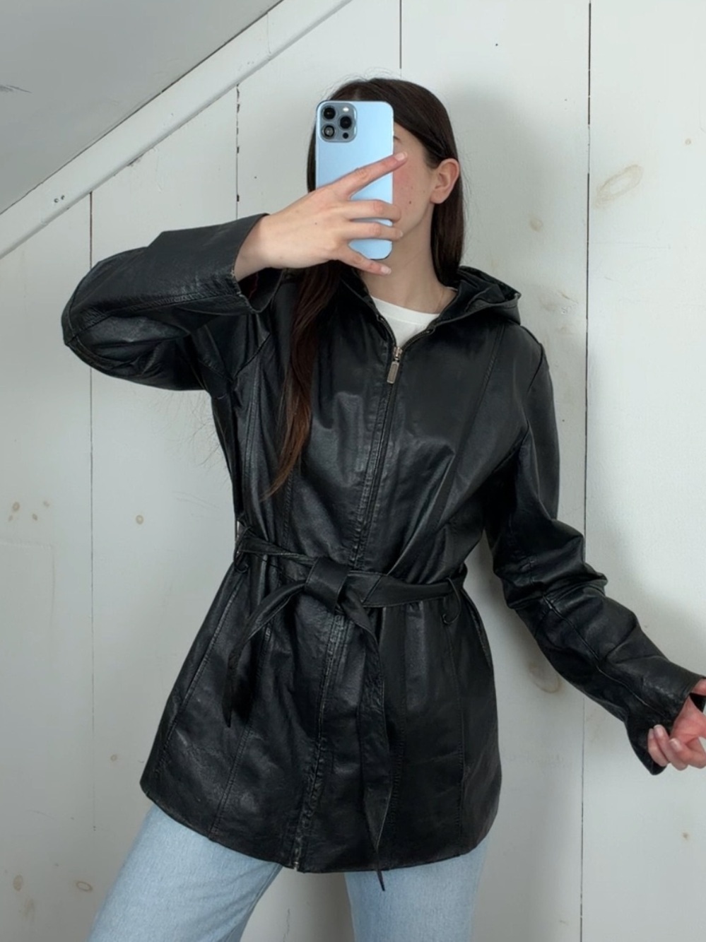 Vintage Croft & Barrow Black Genuine Leather Hooded Belted Jacket Women’s Medium